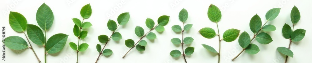 Fresh eucalyptus leaves arranged on white Botanical flatlay , bright, top view, plant Fresh eucalyptus leaves arranged on white Botanical flatlay , bright, top view, plant