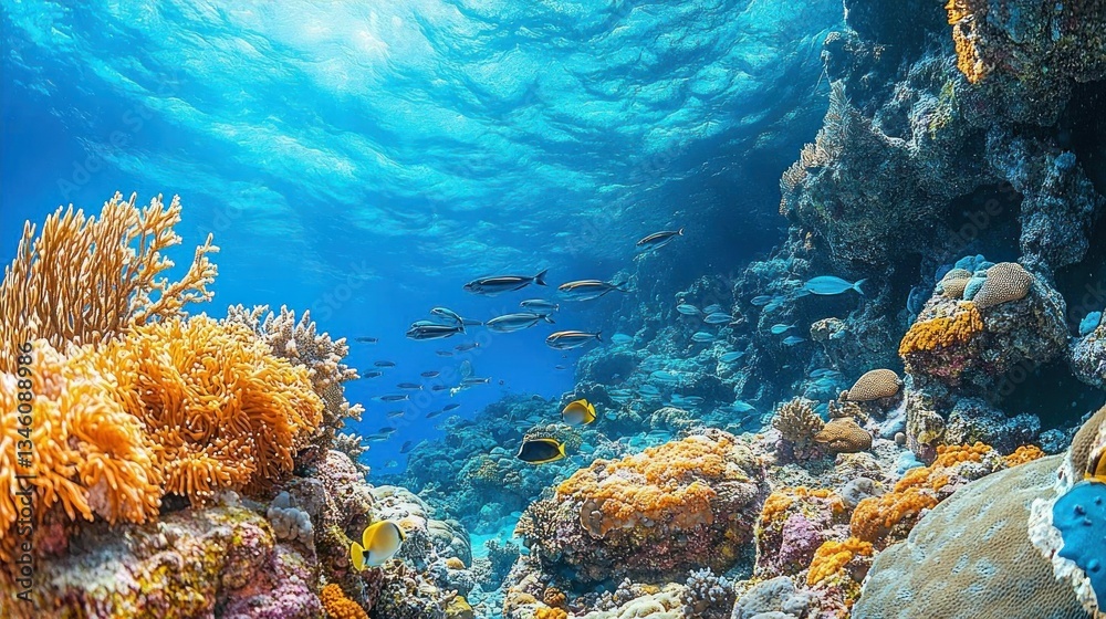 Naklejka premium Vibrant Coral Reef Underwater Scene Tropical Fish