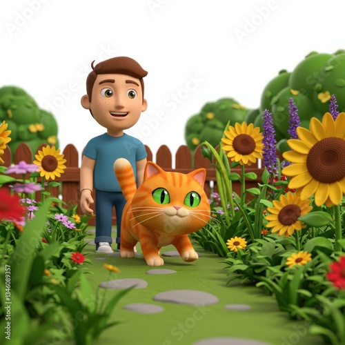 Boy Walking with a Ginger Cat in a Cartoon Garden Path