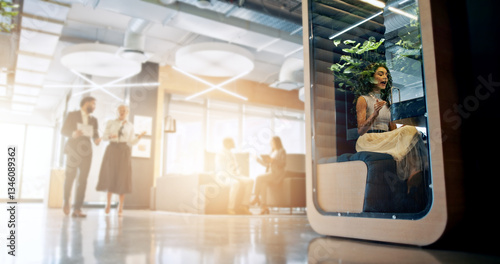 Lobby, meeting and business people with cubicle in office for coworking space for collaboration, teamwork and project. Professional, corporate and men and women in workspace pods for productivity
