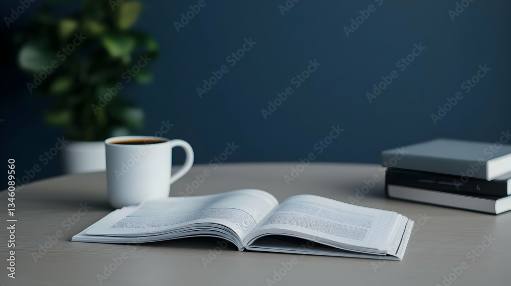 Open Book And Coffee Cup On Light Table With Plant Open Book And Coffee Cup On Light Table With Plant