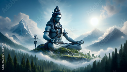 Lord Shiva Meditating in the Snowy Mountains Surrounded by Nature