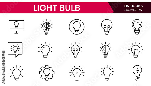 Light bulb idea line icons. Vector electric energy lamps and lightbulbs isolated outline symbols for creative solution, idea, innovation and inspiration concept.