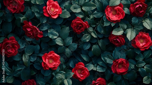A close up of a bunch of red roses in a green bush