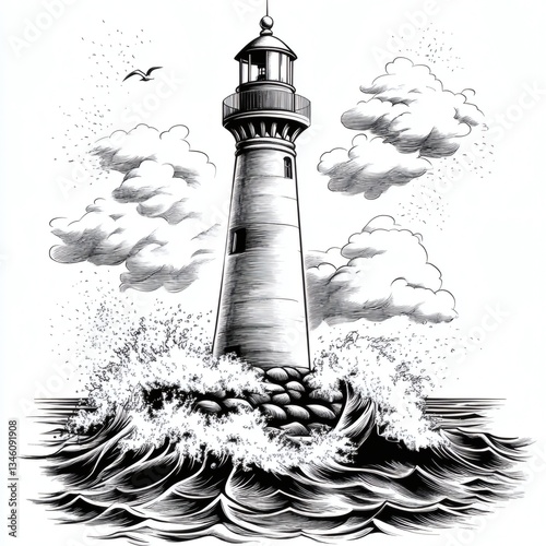 A lighthouse is shown in the water with a wave crashing around it