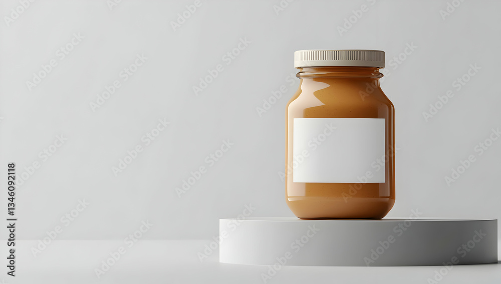 Peanut butter jar with a blank white label on top Peanut butter jar with a blank white label on top