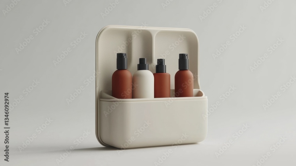A minimalistic white cosmetic storage case with skincare bottles on a light grey background A minimalistic white cosmetic storage case with skincare bottles on a light grey background