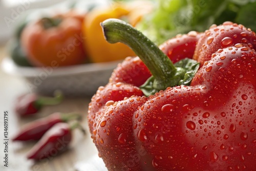 Fresh red bell pepper with water droplets among colorful vegetables in a kitchen setting