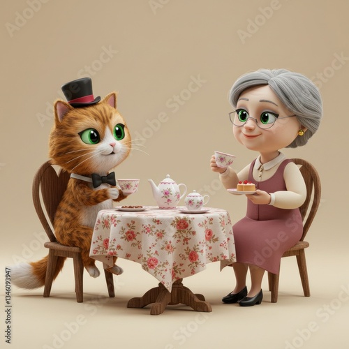 Cartoon Cat and Woman Enjoying Tea Party at a Table