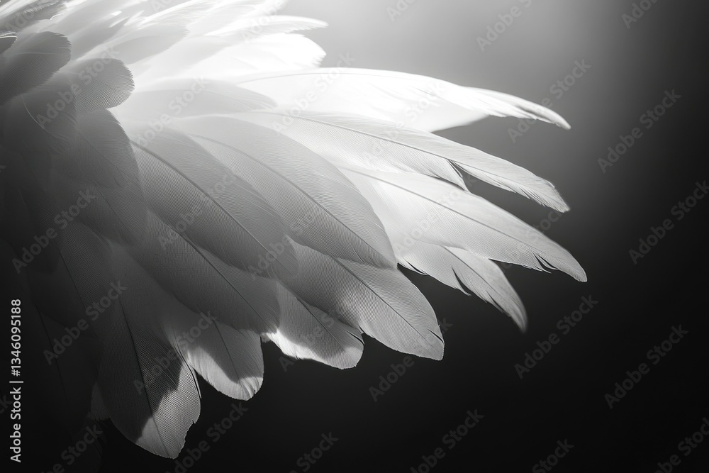 Fototapeta premium Close-up of delicate, white feathers backlit against a dark background, showcasing intricate textures and delicate lines.