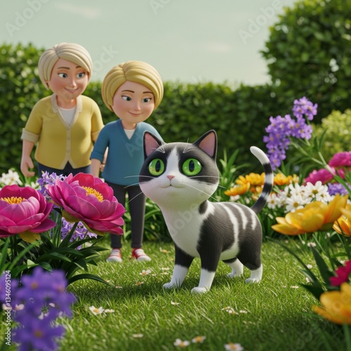 Cartoon Cat Standing in Garden with Two Women in Background