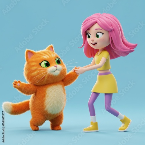 Girl and Orange Cat Holding Hands Walking on Blue Background