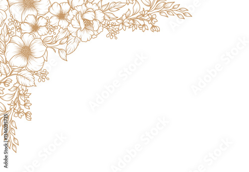 Golden flower frame. Corner. Luxury pattern with a bouquet of flowers, branches, leaves. Vector illustration with drawn elegant vintage botanical decorative elements