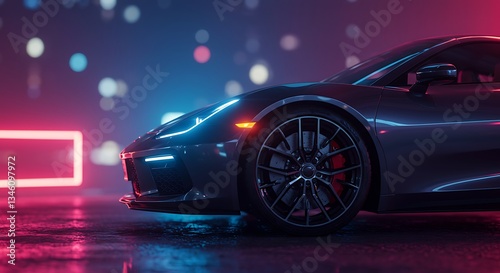 Pixel Art Sports Car at Night with Neon Lights