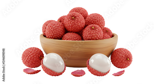 Red Lychees in Wooden Bowl on White Background
