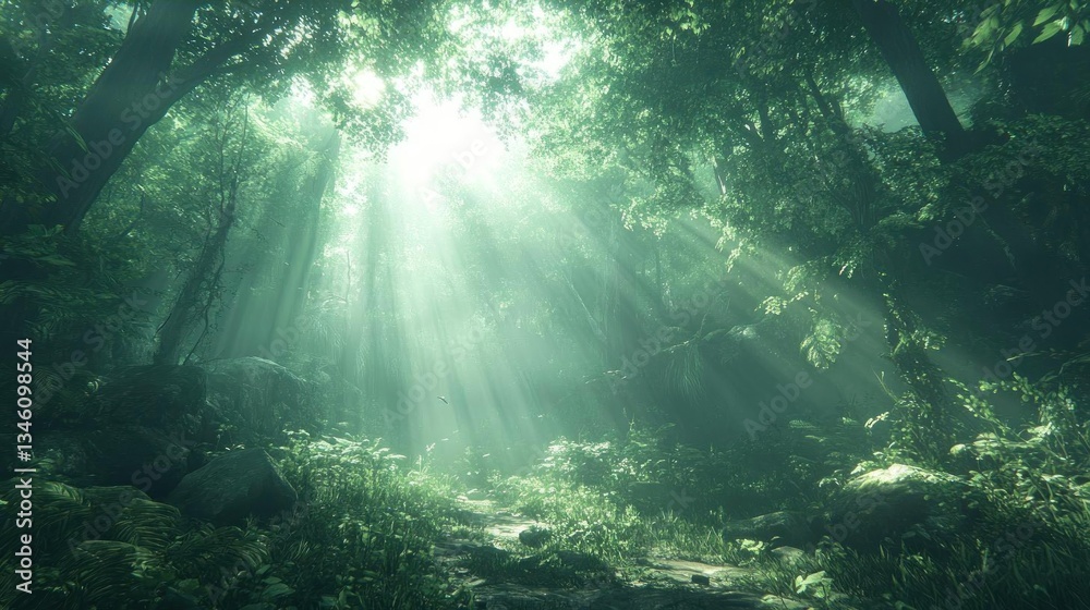 Fototapeta premium Sunbeams filtering through lush green forest