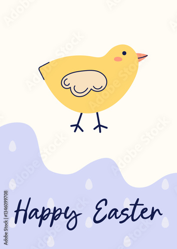 Happy Easter simple card with chicken. Design with text on beige and purple background. Happy Easter hand drawn card. Flat illustration with partial outline. Vector illustration.
