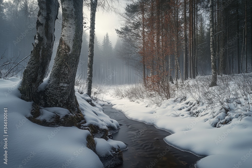 Naklejka premium Snow-covered forest stream flows through tranquil winter landscape under a thick fog in early morning light