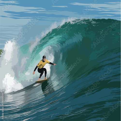 travel, illustration, vector, vacation, summer, sea, ocean, beach, tropical, outdoor, art, design, holiday, tourism, background, leisure, surfboard, coast, graphic, wave, surfer, surfing, sunlight, 