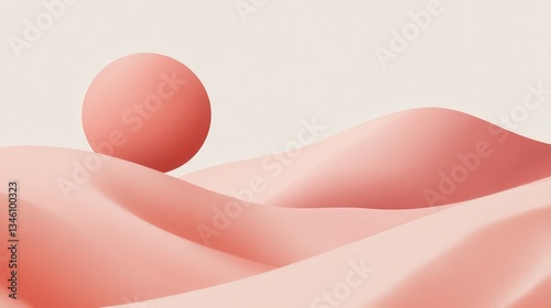 Abstract 3D landscape with pink dunes, sphere, and minimal.
