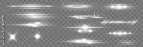 Set of white horizontal glare. Laser beams of light. Horizontal flashes of lines and light reflections. On a transparent background.