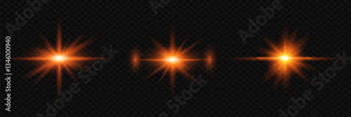 Set of glare light effects. Golden flashes and starbursts. On transparent background. Vector illustration.