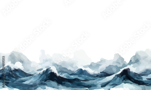 Watercolor sea waves with dark grey clouds isolated on white background.