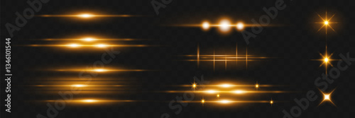 Set of bright golden rays of light. Laser rays of light. Flash effect, light explosion, solar spark. On a transparent background.