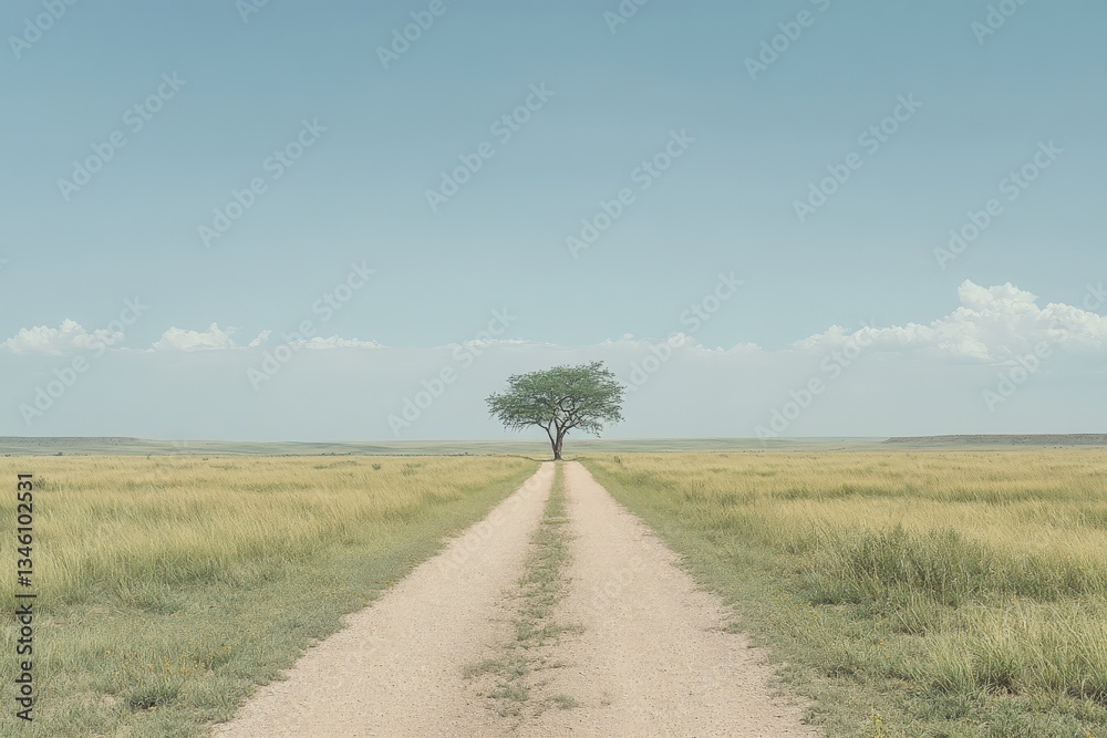 Fototapeta premium In the center of a dirt road, there is a solitary tree standing