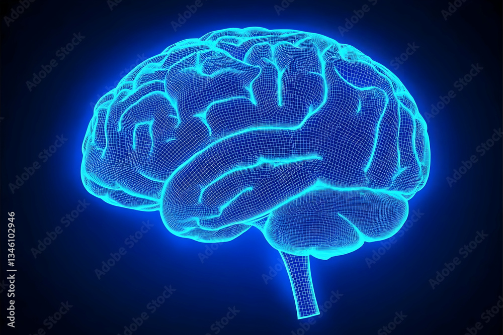 Glowing human brain, neural network, dark background, medical illustration Glowing human brain, neural network, dark background, medical illustration