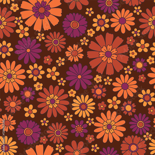 PrintVintage floral background. Fabric and surface pattern design with simple flowers. Hippie style vector seamless pattern. Nostalgic retro 70s groovy allover print.