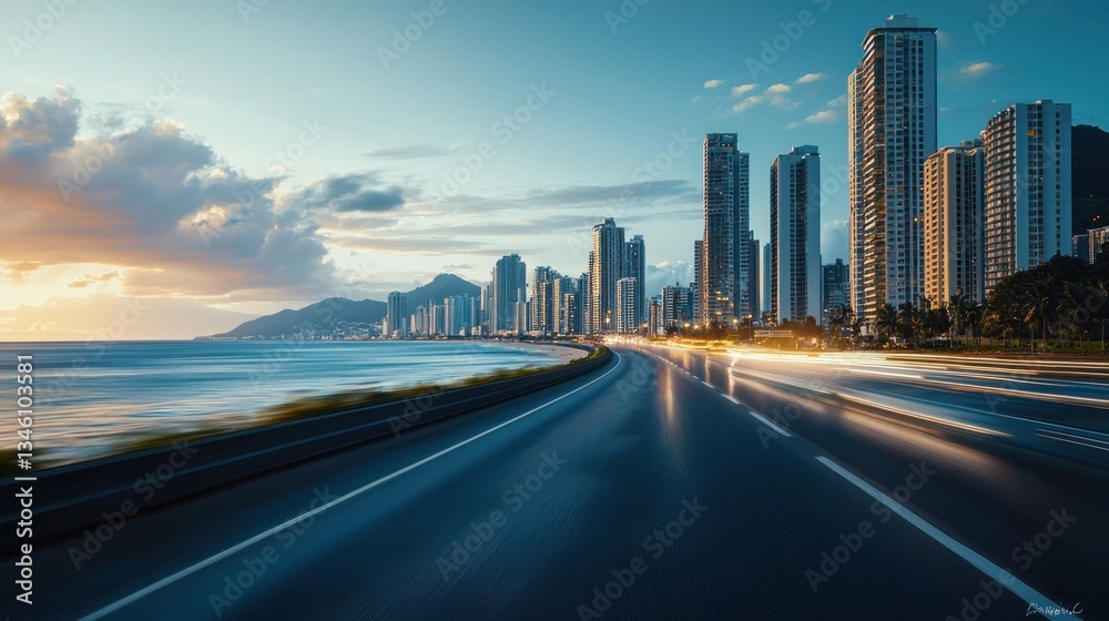 Fototapeta premium Coastal City Highway Sunset: A Stunning View of City Skyline at Dusk