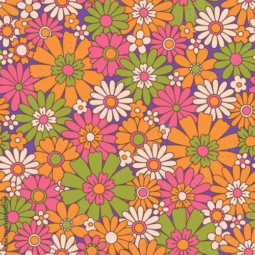 PrintVintage floral background. Fabric and surface pattern design with simple flowers. Hippie style vector seamless pattern. Nostalgic retro 70s groovy allover print.