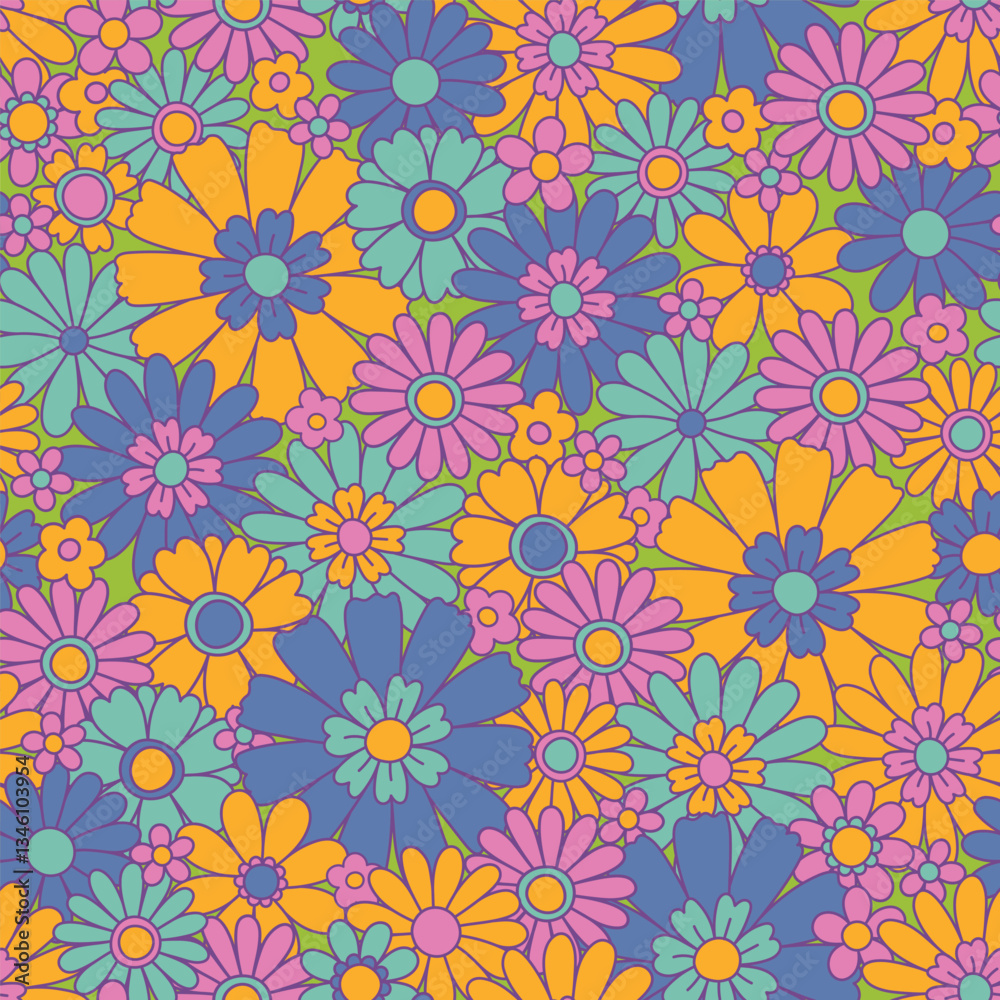 custom made wallpaper toronto digitalPrintVintage floral background. Fabric and surface pattern design with simple flowers. Hippie style vector seamless pattern. Nostalgic retro 70s groovy allover print.