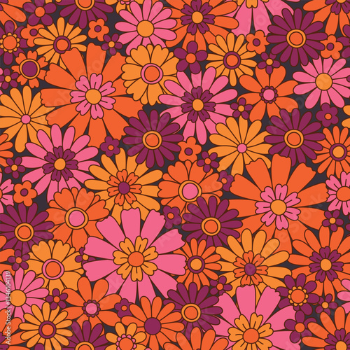 PrintVintage floral background. Fabric and surface pattern design with simple flowers. Hippie style vector seamless pattern. Nostalgic retro 70s groovy allover print.