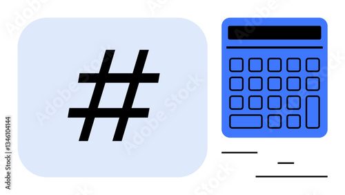 metadata tag symbol paired with a calculator signifying metrics, data analysis, and modern analytics. Ideal for technology, digital marketing, social media, finance, education, innovation research