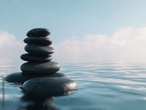 Three black rocks are carefully stacked in still water
