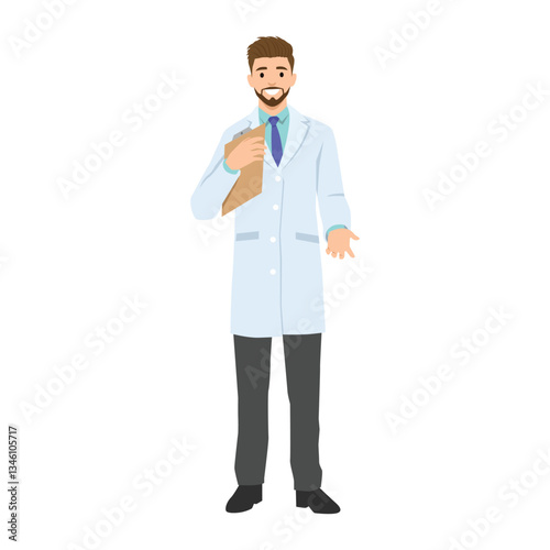 Smiling male doctor in a white coat holds clipboard gesturing warmly, ready to assist patients. Flat vector illustration isolated on white background