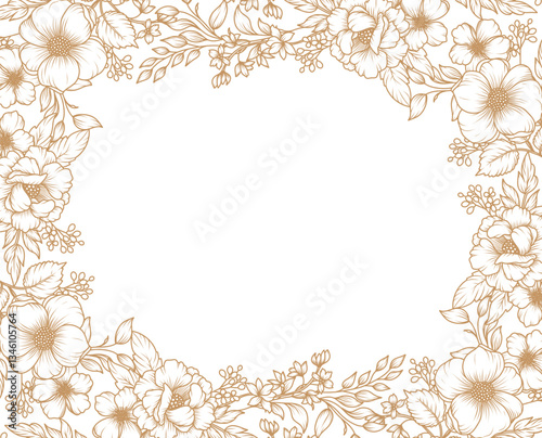 Golden floral line art frame. Luxury background with bouquet of flowers, branches, leaves. Vector illustration with elegant vintage botanical decorative elements