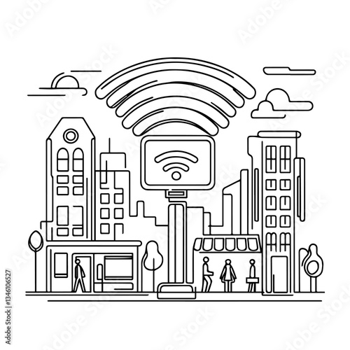 A continuous one-line vector illustration of a public Wi-Fi access point. The design features a simple and elegant single-line drawing forming a Wi-Fi