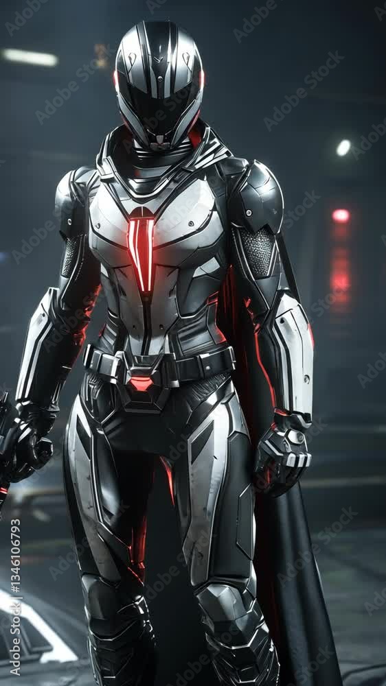 Futuristic warrior in sleek armor stands in a high-tech environment at night, ready for action with a weapon in hand Futuristic warrior in sleek armor stands in a high-tech environment at night, ready for action with a weapon in hand