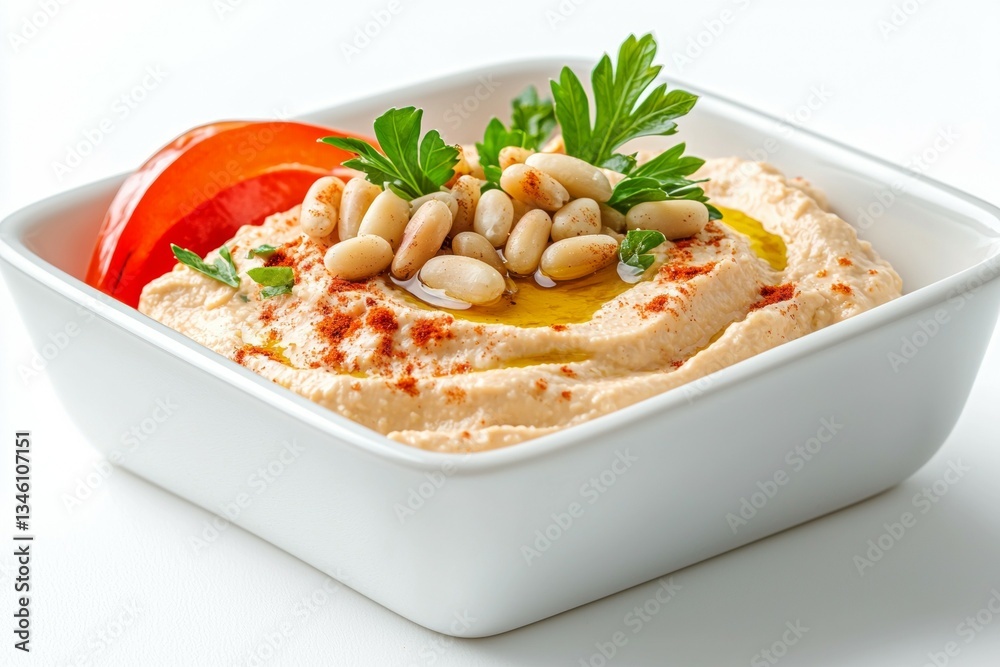 White bowl of hummus with a garnish of parsley and a tomato slice White bowl of hummus with a garnish of parsley and a tomato slice