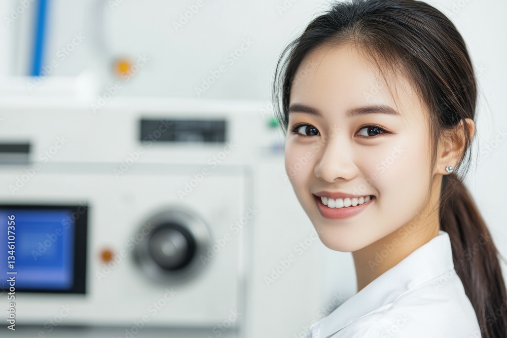Asian female engineer smiling in lab, young woman in white coat near laboratory equipment Asian female engineer smiling in lab, young woman in white coat near laboratory equipment