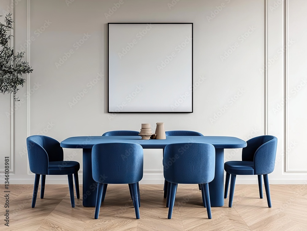 Fototapeta premium Elegant dining room setting with blue furniture modern home interior design minimalist environment aesthetic view