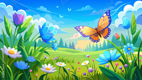 Beautiful blurred spring nature background with blooming meadow and blue sky on a sunny day. Butterfly and delicate blue flowers