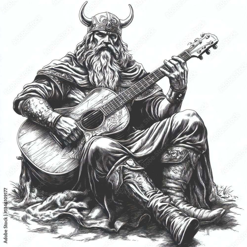 Fototapeta premium A man with a beard and horns is playing a guitar