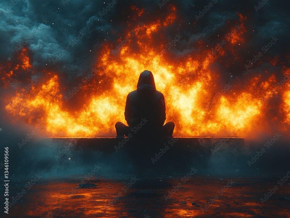 Meditating silhouette sits before intense fiery backdrop in a foggy landscape Meditating silhouette sits before intense fiery backdrop in a foggy landscape