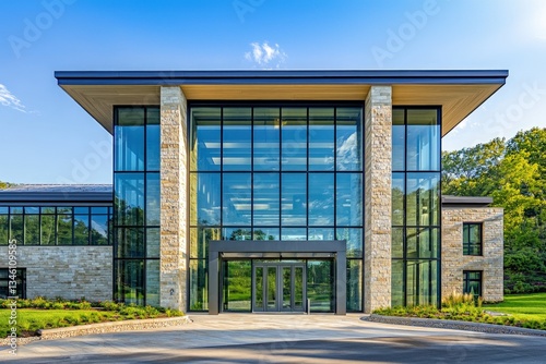 Wallpaper Mural Modern exterior featuring clean lines, large glass walls, a steel entrance, and a polished stone facade Torontodigital.ca