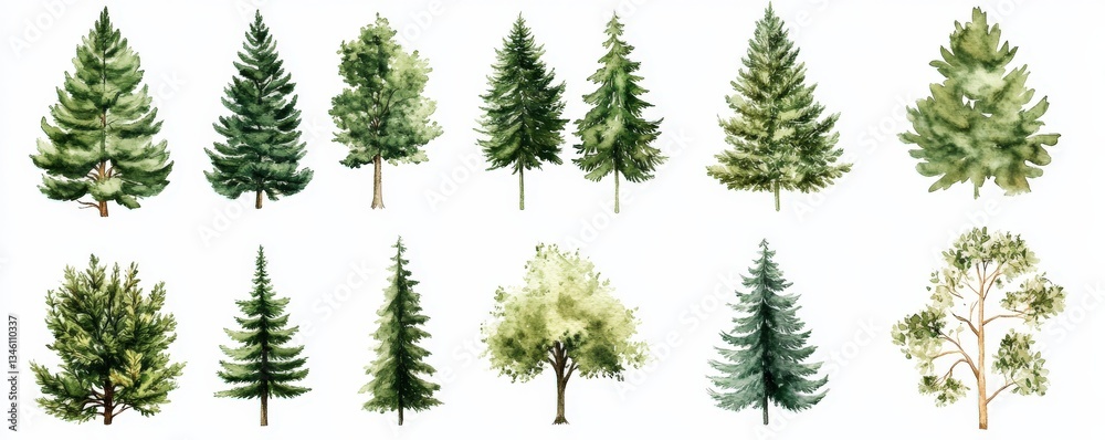 Obraz premium A beautiful and vibrant set of watercolor trees displayed on a white background