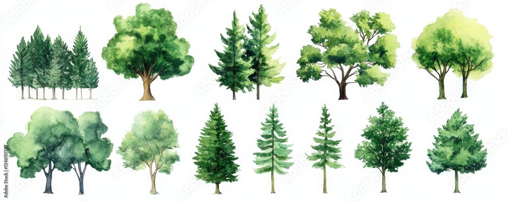 Fototapeta premium A beautiful and vibrant set of watercolor trees displayed on a white background